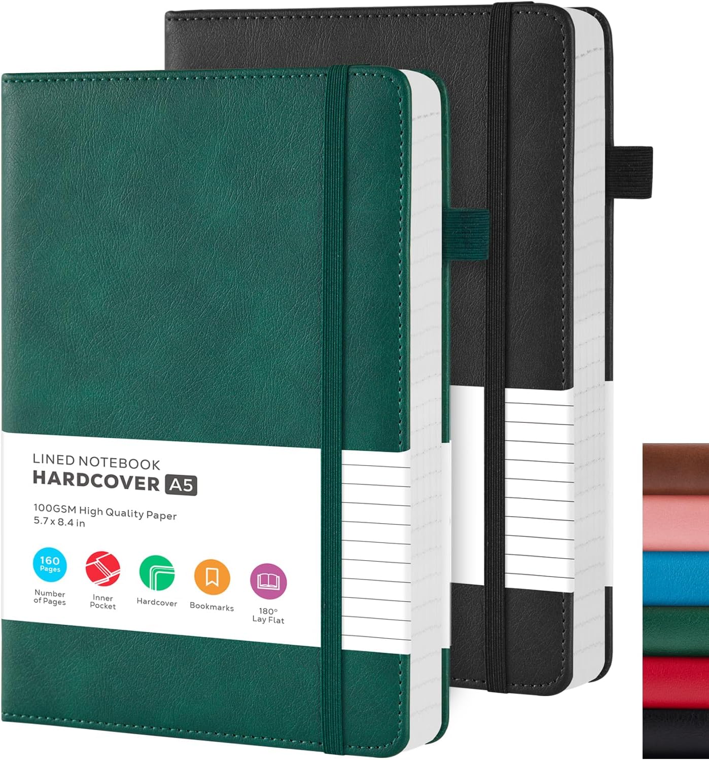 2 Pack A5 Journal Notebook, Leather Notebook Journal for menwomen, Hardback Note Book with 100GSM Lined Paper, No Bleed, for Office School Supplies, 14.5 x 21.3 cm, Green &amp; Black