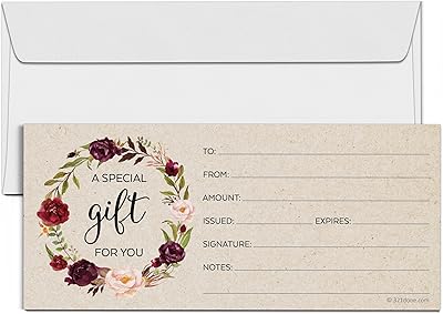 321Done Blank Gift Certificates Rustic Set of 24 with Envelopes 4x9 for Small Business, Holiday, Christmas Voucher, Spa, Salon - Floral Rose Wreath Kraft Tan