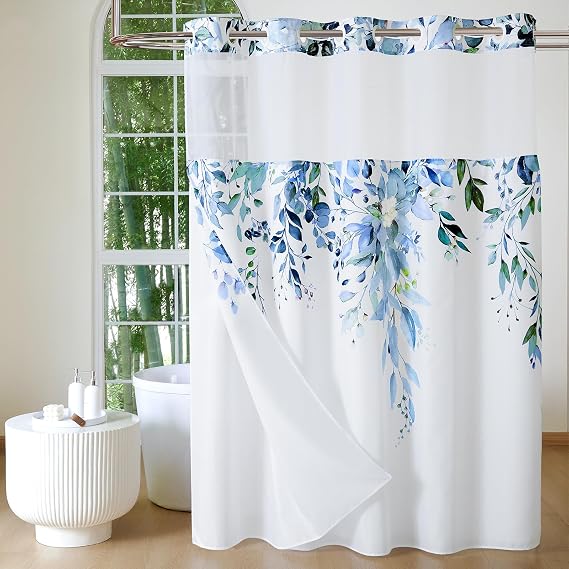 QiyI No Hook Shower Curtain with Snap in Fabric Liner, Blue, 72 x 81 | Eucalyptus Leaves, See Through Top Window, Waterproof Washable Cloth, Ringless Bathroom Long Shower Curtain Set