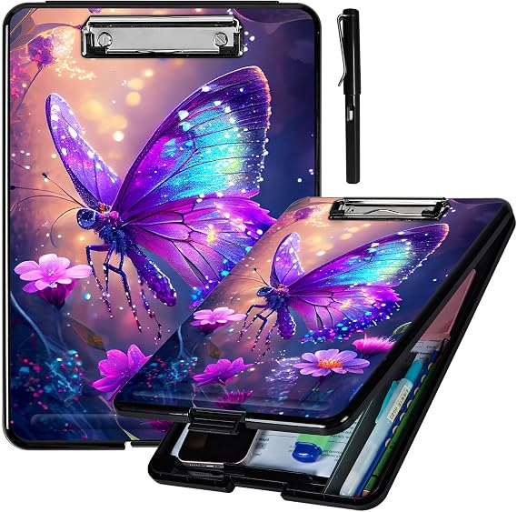Clipboard with Storage,Heavy Duty Plastic Storage Clipboard with Low Profile Clip,High Capacity Clip Boards,Teacher Must Haves,Office &Teacher Supplies,with a Pencil,Glitter Butterfly Purple