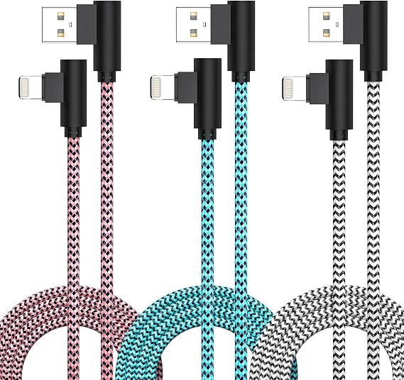 3 Pack iPhone Charger 6FT Right Angle Lightning Cable Fast Charging Cord | USB A to Lightning Cable [Apple MFi Certified] for iPhone 14 13 12 11 Pro/Pro Max/Mini/XS/XR/8 7 Plus, iPad, CarPlay