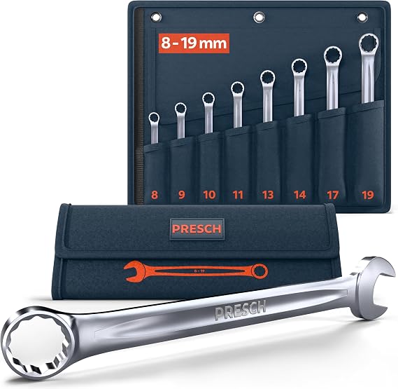 PRESCH Combination Spanner Set 8 pc. incl. Bag (8–19mm) – Precision-machined & Ultra-Durable Spanners – 15° Angled for Working in confined Spaces - Professional Wrench Set