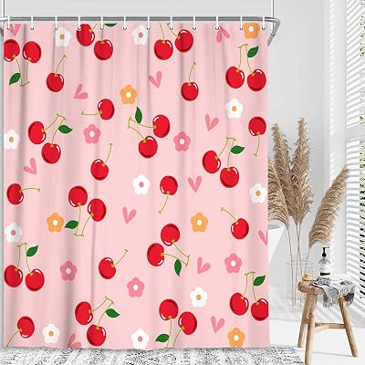Pink Shower Curtain Cherry Floral Cute Pattern Waterproof Bathroom Curtain Washable Cloth Fresh and Energetic Bathroom Decor Set with Hooks