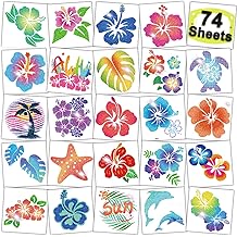 CHARLENT Glitter Hibiscus Temporary Tattoos for Aloha Party Decoration - 74 Individually Sheets Glitter Hawaii Flower Tattoos for Kids Women Hawaiian Party Favors