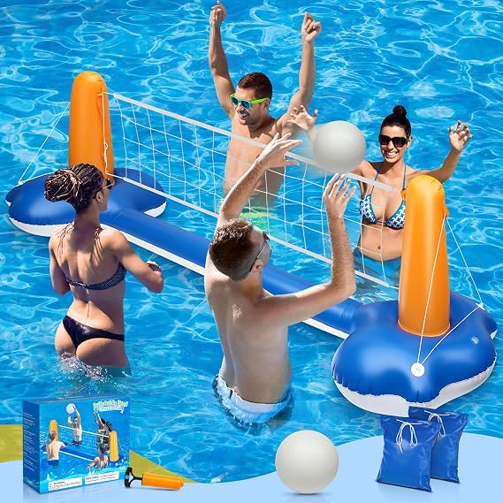 118" Pool Volleyball Set Inflatable Volleyball Court with 2 Weight Bags, Upgraded PVC Ball & Pump Fun Pool Games for Adults & Family | Summer Party Gift