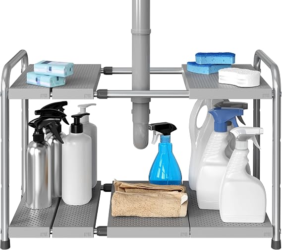 Simple Houseware Under Sink 2-Tier Heavy Duty Expandable Rack Organizer, Adjustable Width 15.7525 Inches with 4 Shelf Height Levels, Silver