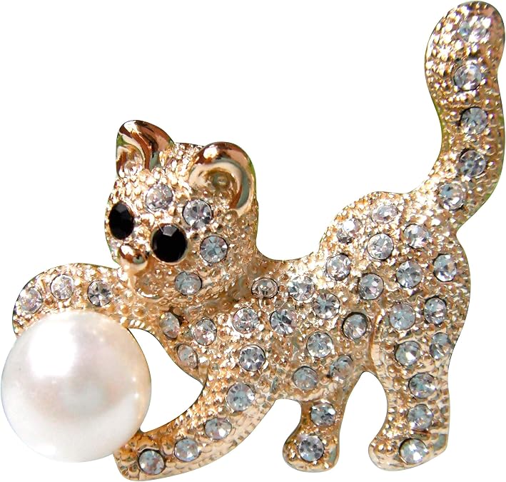 Navachi 18k Gold Plated Multi-Color Crystal Pearl Cat Brooch Pin