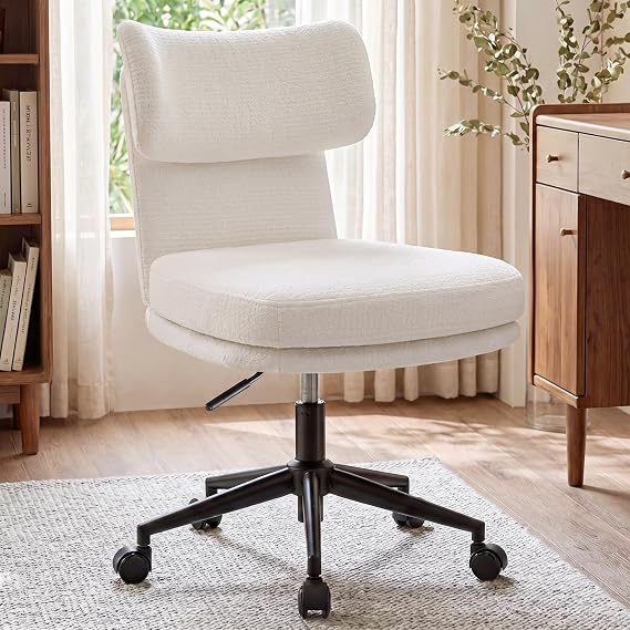 COMHOMA Home Office Desk Chairs with Ergonomic Curved Backrest, Mid Century Modern Vanity Chair with Wheel for Bedroom, Chenille Upholstered, White