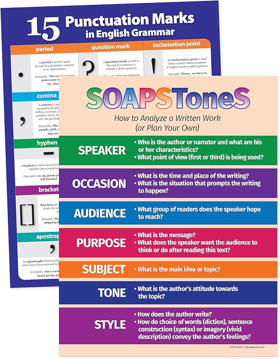 ZOCO - SOAPSToneS & Punctuation Marks Posters - Laminated 17x22 English Grammar & Writing Charts for Classroom, ESL & Homeschool