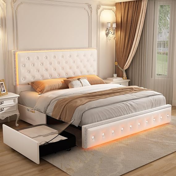 SIBEDS LED Platform Bed Frame Queen Size with 2 Drawers, PU White | 2 Side Pockets, Upholstered Crystal Button Tufted Headboard Footboard, Solid Slats Support, Noise Free, No Box Spring Needed