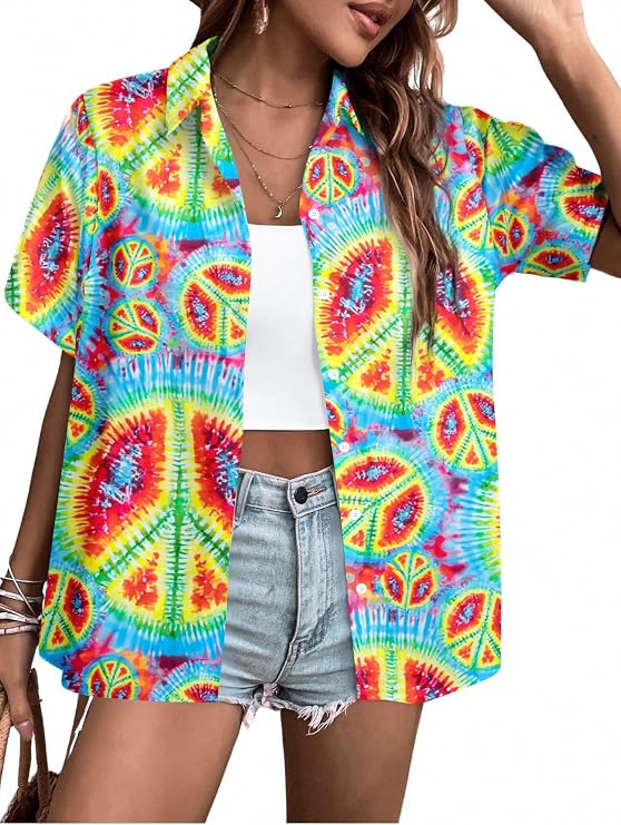 LUKYCILD Women 60s 70s Shirt Peace Sign Love Tshirts Hippie Short Sleeve Button Down Clothes Inspirational Tops