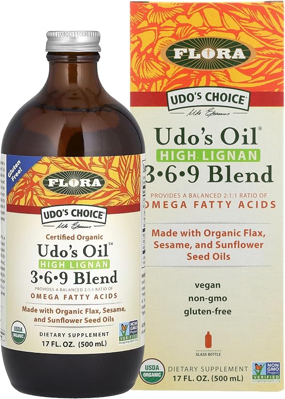 FloraHealth Udo's Oil High Lignan 369 Blend, 2:1:1, 17 fl. oz. Glass | Cold-Pressed Formula, Non-GMO, Organic & Vegan, Keep Chilled