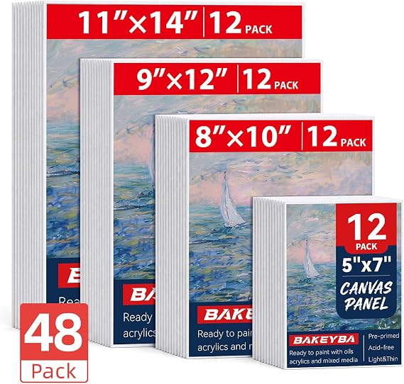 48 Pack Canvas Boards for Painting 5x7, 8x10, 9x12, 11x14 Inch