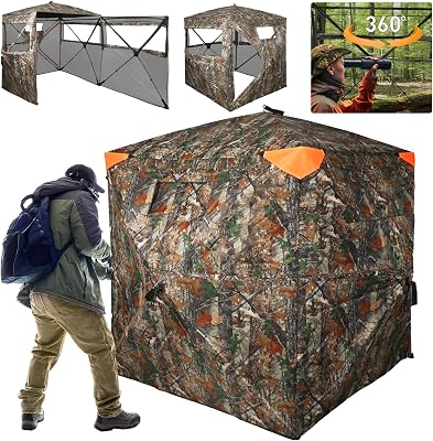 Hunting Blind 360 Degree See Through Double Door Ground Blind for Hunting, 23 Person Pop Up Portable Camouflage DeerTurkey Tent with Blaze Orange Panels