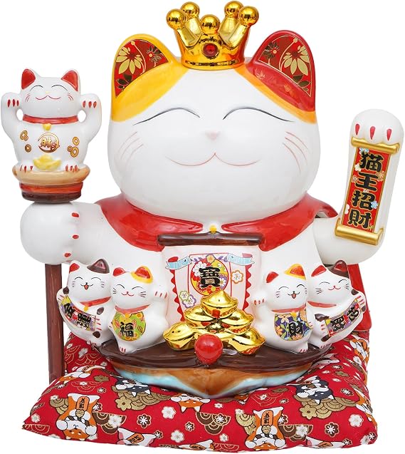 Lucky Cat Waving Arm, Chinese Ceramic Cat Waving Arm, Maneki Neko Lucky Cat, Feng Shui Fortune Desktop Decoration, Fortune Cat Statue with Plastic Motorized Rocker Arm for Home Office Store