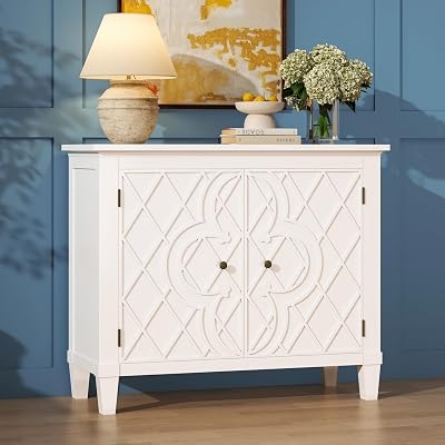 40 Coffee Bar Cabinet with Shelf, Craft Storage Cabinet with Doors, Wood Cabinet, Charming Carved Motif, Entry Way Cabinet with Storage, Sideboard Buffet for Living Room, Kitchen, Distressed White