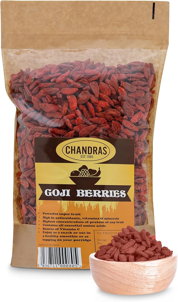 Chandra Whole Foods – Goji Berries 1kg- Low-GI Nutritious Super Fruit for Snacking, Smoothies, Baking & Cooking - (1kg (Pack of 1)