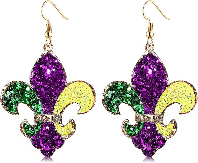 Mardi Gras Earrings Sequin Fleur De Lis Mask Crown Earrings for Women, Letter MARDI GRAS Earrings Carnival Earrings for Fat Tuesday Celebration, Mardi Gras Parade Accessory Gifts