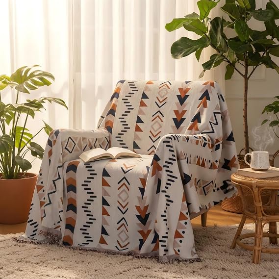 Coralov Boho Throw Blanket, Reversible Chenille Soft Couch Covers for Cushion Couch Sofa, Pet Friendly Modern Jacquard Sofa Slipcover Single Sofa 180 * 160CM