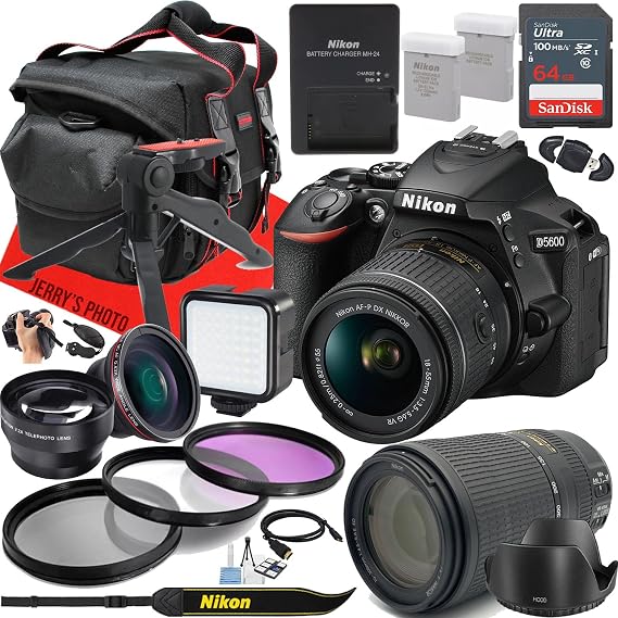 Nikon D5600 DSLR Camera with AF-P DX 18-55mm f/3.5-5.6G VR and AF-P DX 70-300mm f/4.5-6.3G ED VR Lens + 64 GB Memory + Extra Battery + LED Light + More (26pc Bundle)