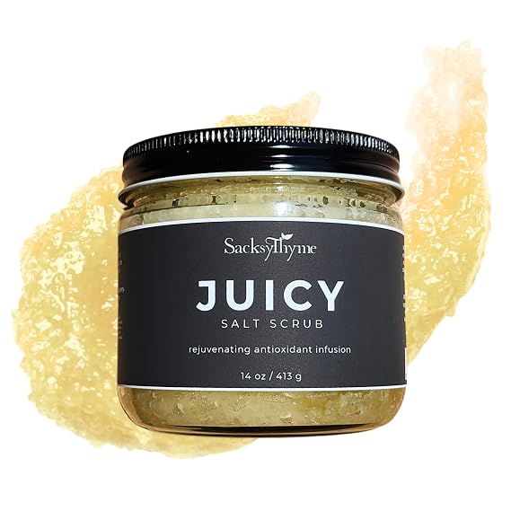 Juicy Body Scrub with Vitamin E, Hydrating oils, Dead Sea Salt, Exfoliating Salt Scrub for Rejuvenating Skin, Full Body Exfoliator for All Skin Types, Clean & Non Toxic