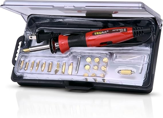 TRUArt Wood Burning Leather Pyrography Pen - Best Woodburning Crafts Tool Kit Set -  with 21 Different Tips - Dual Power Mode - 30W and 15W, Gourd