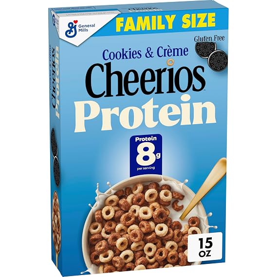 Cheerios Protein Cereal, Cookies & Creme, 8g Protein, Family Size, 15 oz | Oat & Pea Protein Blend, Gluten Free, 12g Whole Grain, Base for Cereal Bars or Trail Mix