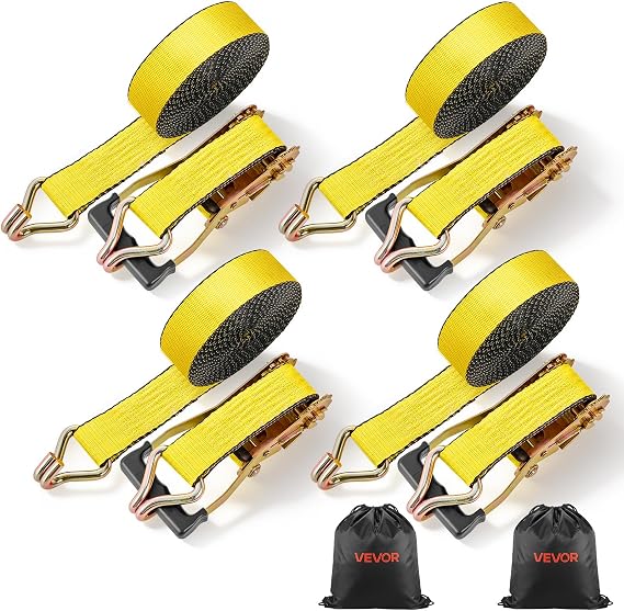 VEVOR Ratchet Tie Down Straps (4-Pack), 10000 lb Break Strength, Heavy Duty Double J Hooks, 2" x 27' with Padded Handles - Ideal for Moving, Securing Cargo, Appliances, Lawn Equipment, and More