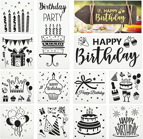 Xuniea 12 Piece Birthday Stencils - Happy Birthday Templates & Cake Candle Pattern for Drawing, Card Making & DIY Decor