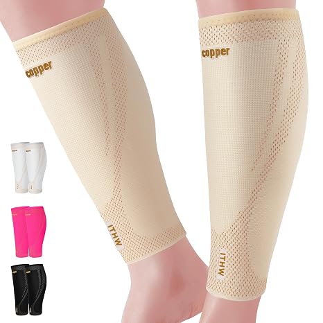 Copper Calf Compression Sleeves for Men & Women - High Stretch Graduated Compression with Anti-Slip Grip | Breathable & Smooth Lining Footless Design for Runners, Shin Splints, Leg Fatigue & Travel (Nude, Large)