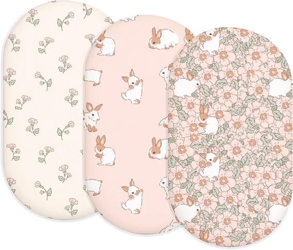 Bassinet Sheets for Baby Girls Boys 2 Pack, Fitted Baby Mattress Sheet for Rectangle, Oval, Hourglass Bassinet Mattress, Breathable Cozy & Universal Fit (Blush Bunny, Bassinet Sheet)