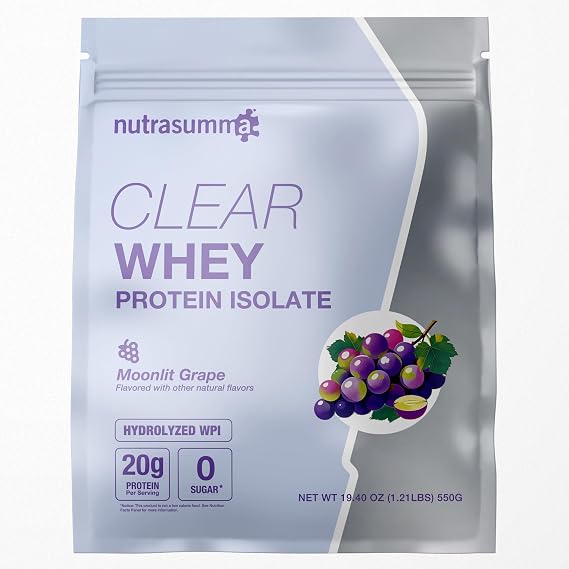 Nutrasumma Clear Whey Protein Isolate Powder, 20g Protein, Sugar Free, Fat Free, Lactose Free, Moonlit Grape Flavor, 1.21 lb, 22 Servings