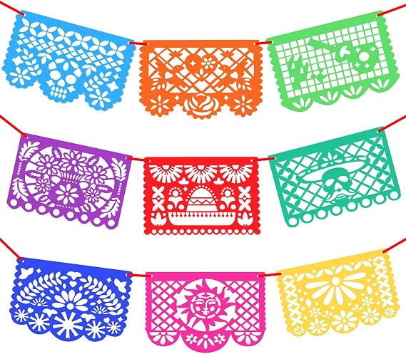 Novelty Place 15Ft 9Pcs Mexican Party Banners - 17"x12" Felt Papel Picado Banner - Mexican Fiesta Party Decorations for Dia de Muertos, Cinco de Mayo, 9 Pattern Panels