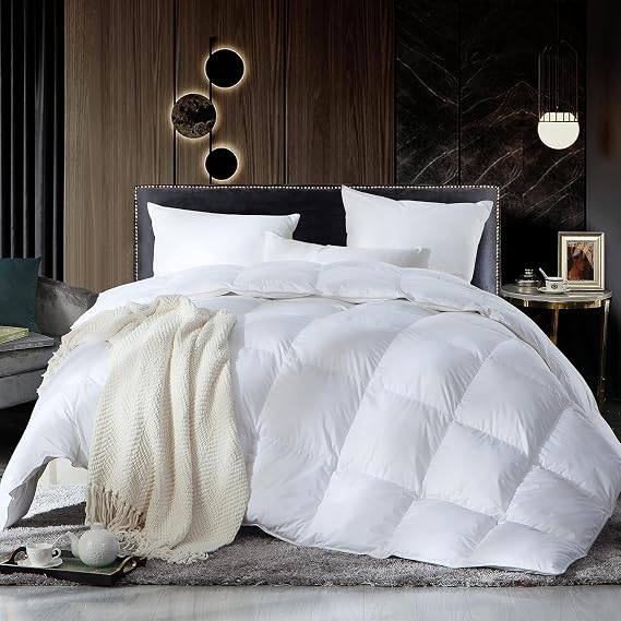 Luxurious King/California King Size Goose Down Feather Fiber Comforter Duvet Insert, 100% Egyptian Cotton Cover, 70 oz. Fill Weight Comforter, All-Season White Solid