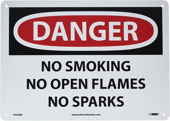 NMC D458RB OSHA Sign, Legend "DANGER - NO SMOKING NO OPEN FLAMES NO SPARKS", 14" Length x 10" Height, Rigid Plastic, Black/Red on White, 10 x 14