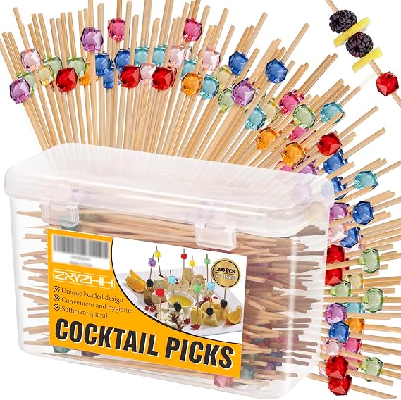 200 Pieces Toothpicks for Appetizers - Multicolor Bamboo Long Cocktail Picks for Appetizer Skewers Fancy Food Toothpicks with Storage Box