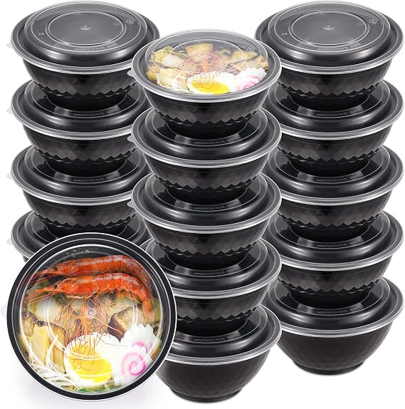 KitchnMore 36oz Extra-Thick Meal Prep Bowls with Lids, Plastic Containers with Clear Covers for Noodles, Poke Bowl, Salad, Soup - Freezer, Microwave & Dishwasher-Safe (30Pack)