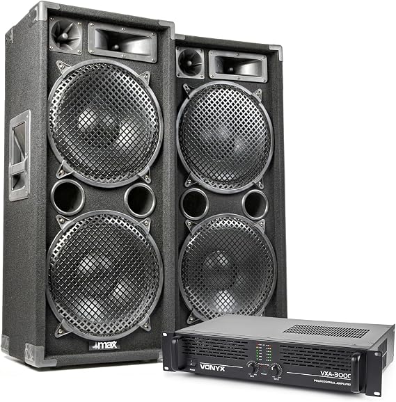 MAX 2800W MAX212 Dual 12" Passive DJ PA Speaker Kit with Amplifier, 6m Cables – Professional DJ Speakers and Amp Complete Passive PA System for DJ, Events, Karaoke, Parties, Clubs