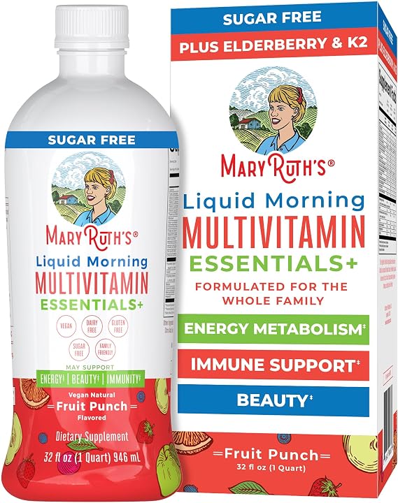 MaryRuths Liquid Morning Multivitamin Essentials | Vitamin A C D E B6 B12 Biotin Zinc | Mens Womens Multivitamin | Immune Support | Beauty | Sugar Free | Vitamins for Ages 1 | Vegan | 32 Fl Oz
