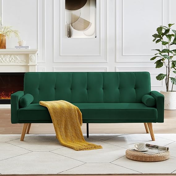 75" Convertible Folding Futon Sofa Bed,Velvet 3 Seat Love Seat Sofa,Upholstered Sleeper Couch with Adjustable Backrest and Metal Legs for Small Space Living Room Apartment Office (Green)