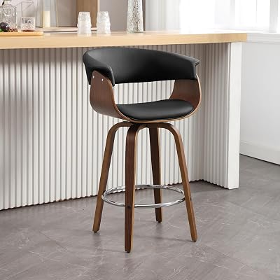 Swivel Counter Height Bar Stools with Back, 26 Faux Leather Barstools with Walnut Bent Wood Legs, Mid-Century Modern Bar Chairs Upholstered Counter Stools for Kitchen Island, Black