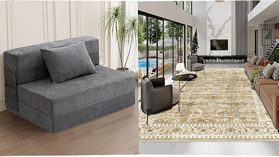 HOMFINE Machine Washable Rug 5'x7' Brown and Folding Sofa Bed Twin for Livingroom Bedroom Dinning Room