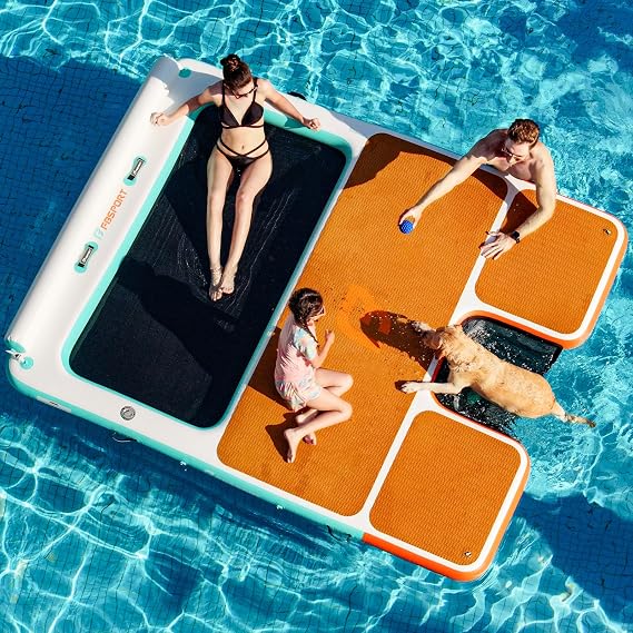 FBSPORT Inflatable Floating Dock 10ft/8ft Dog Boat Ramp in One, Floating Docks Dog Pool Ramp with Water Hammock, Lake Floats for Adults Inflatable Island Platform Water Raft with Ladder