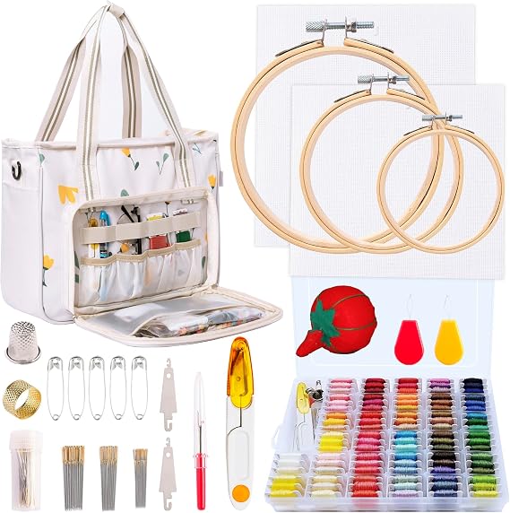 Peirich Embroidery Kits, Embroidery Storage Organizer Bag with Embroidery Floss Embroidery Hoop Aida Cloth, Cross Stitch Kits for Beginner, Adults