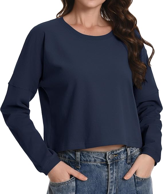 Auriviz Cropped Sweatshirts for Women Oversized Crewneck Sweaters Long Sleeve Tops Fall Winter Pullover Workout Shirts