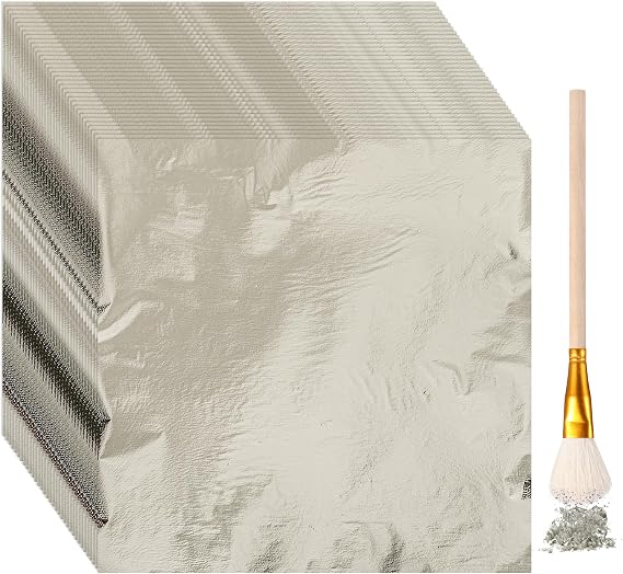 Cunhill 150pcs Silver Leaf Sheets with Gilding Brush,Champagnesilver | Silver Leaf Foil for Art, Gold Foil Sheets, Gilding Flakes for Crafting Nails Paint DIY Projects