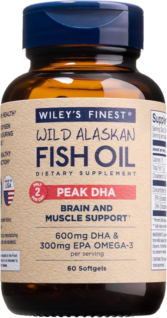 Wiley's Finest Wild Alaskan Fish Oil Peak DHA, 60 Count (Pack of 1) | Wild Alaskan Fish Oil, Peak DHA Softgels, 300 mg EPA and 600 mg DHA Omega-3s, Brain & Muscle Support, Only 2 Per Day