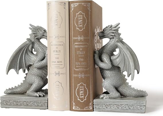 Dragon Statue Decorative Bookends for Shelves, Stone Grey Dragon Statue Home Office Decoration, Fantasy Dragon Figurine Enthusiasts Gifts