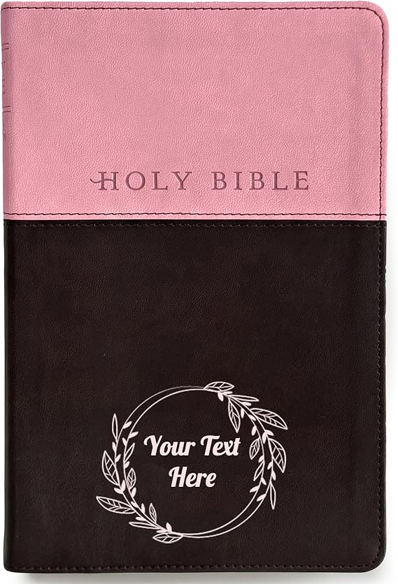 Printualist Personalized NLT Gift Bible with Custom Text and Frame Design, Pink/Dark Brown, New Living Translation Premium Gift Bible, Faux Leather Christian Gift for Baptism, Graduation, Birthday