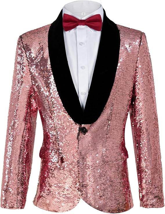 Men's Shiny Sequin Blazer Sparkle Metallic Tuxedo Jacket Party Prom Wedding One Button Jacket(Z3004PK,L)